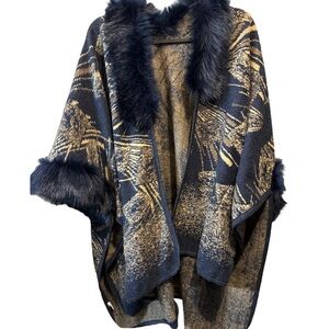 Women’s Faux Fur Shawl Wrap Poncho Open Front Sweater Cloak Winter Cape Wrap
